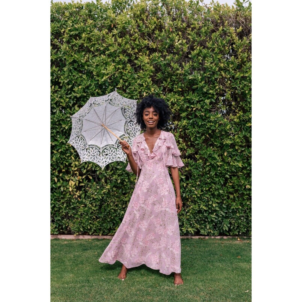 Gal Meets Glam Women's Shelby Dress Size 6 Chiffon Ruffle Maxi V-Neck Romantic